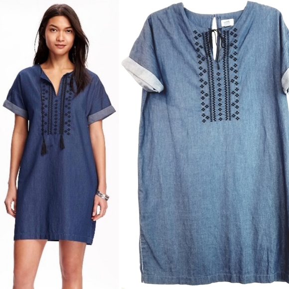 Old Navy Dresses & Skirts - Old Navy Embroidered Denim Shift Dress, Tall
